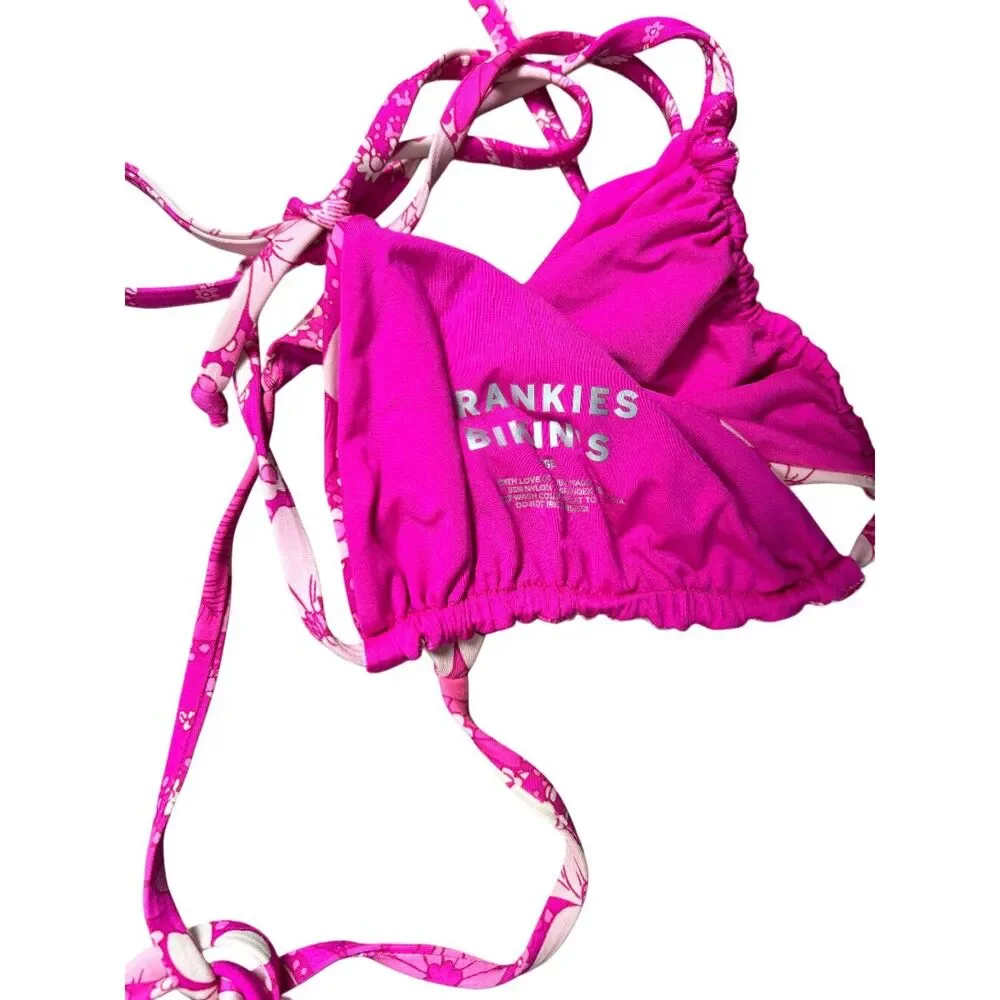 Frankies Bikinis Pink Hibiscus Floral Triangle Bikini Top - Size Large